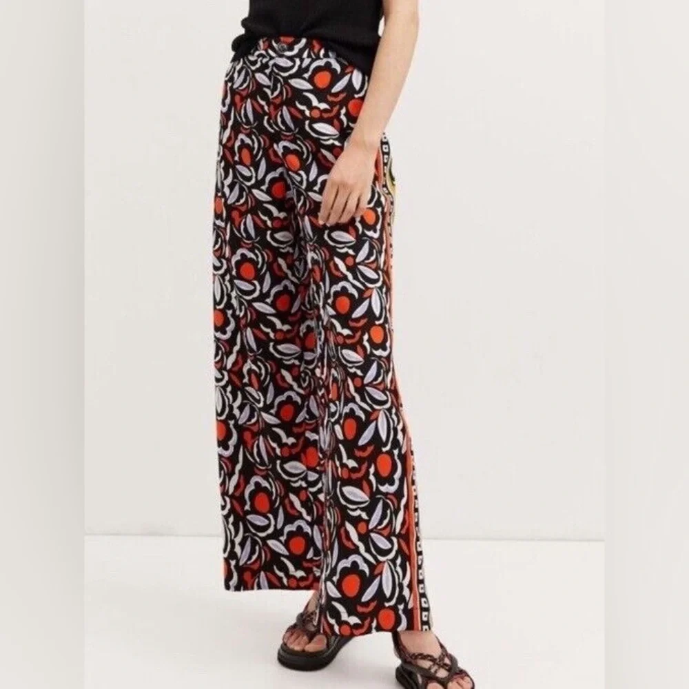 Anthropologie Black Red White Floral Wide-Leg Pants